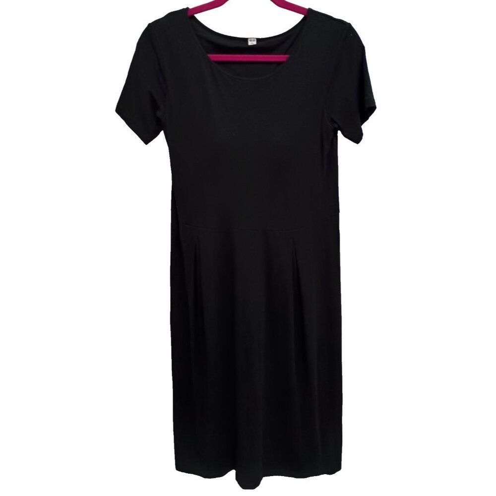 UNIQLO Womens Midi Dress Large Black Jersey Short Sleeve Minimalist Capsule